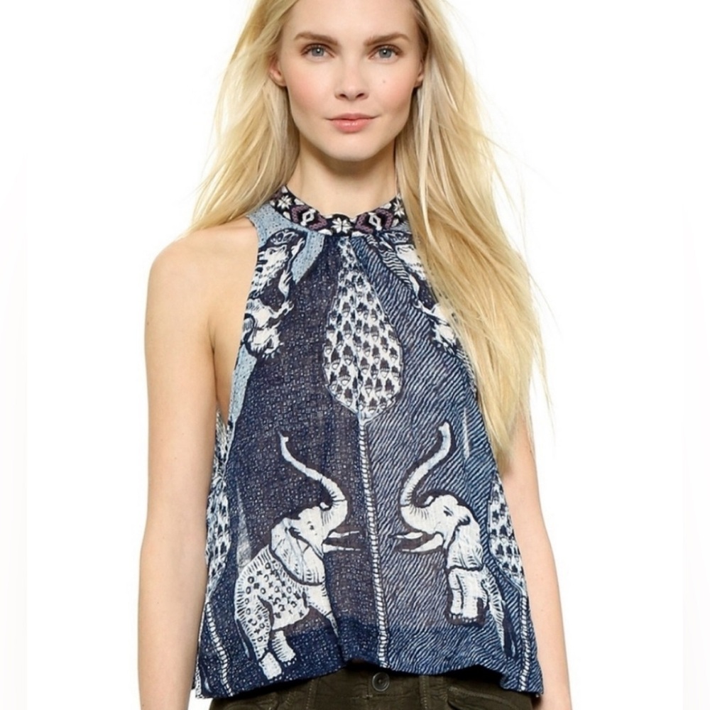 Free People Double Dutch Elephant Embroidered Tank Top Sz S